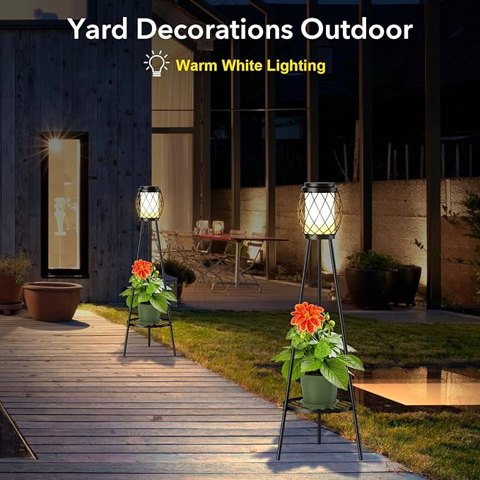 Solar Lights Outdoor Street Lights with Plant Stands 2 Pack, Solar Floor Lamp Metal Tripod Patio Lights for Garden Yard Pathway Driveway Front/Back Porch Decoration