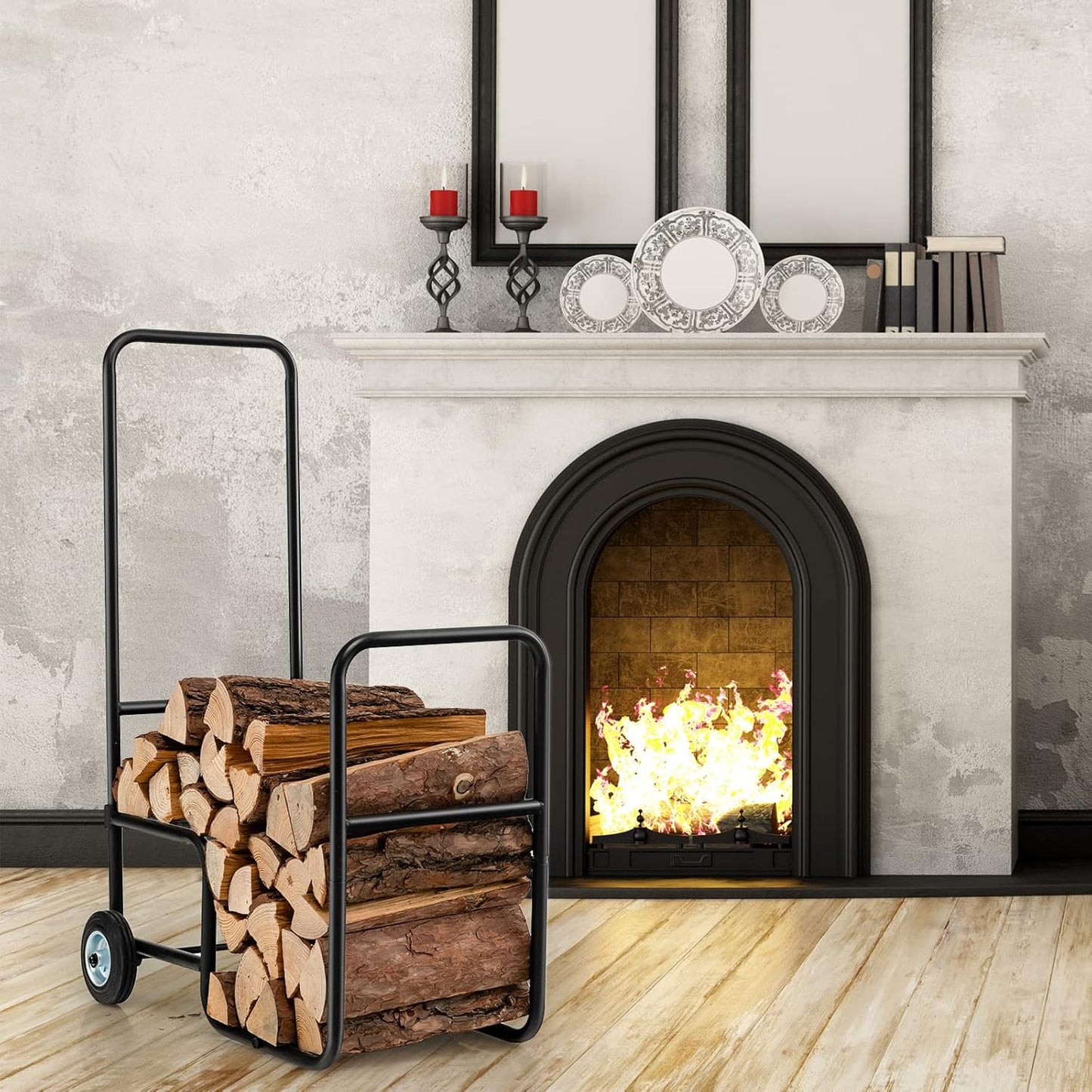 S AFSTAR Firewood Log Cart Carrier, 35” Height Wood Rack Storage Mover w/2 Rubber Wheels & Ergonomic Handle, Heavy-Duty Steel Fireplace Log Carrier Mover, Rolling Firewood Cart for Indoor Outdoor