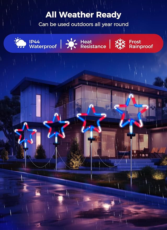 4th of July Decorations Outdoor Red White and Blue Lights, 4 Big Neon Star Pathway Lights Plug in for Independence Day Memorial Day Patriotic Decor Outside Garden Yard Lawn
