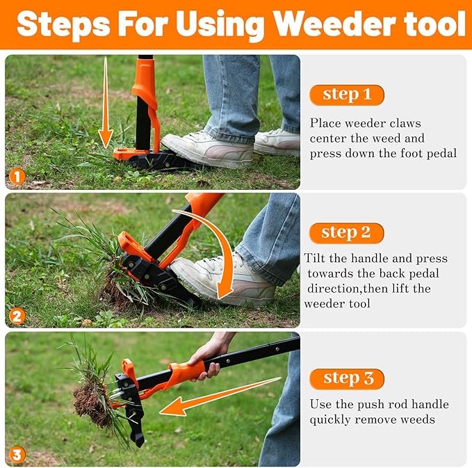 Weed Puller Tool, Stand Up Weed Puller Heavy Duty, Weeding Tool with 39" Ergonomic Long Handle and 4 Manganese Steel Claws, Easy Eject Mechanism, Weeding Without Bending, Pulling, or Kneeling