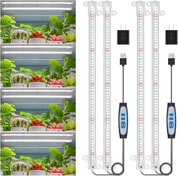 Wiaxulay LED Plant Grow Light Strips, 6000K Full Spectrum Grow Lights for Indoor Plants, Sunlike Growing Lamp with 6/12/16H Timer, 5 Dimmable Levels for Hydroponics Succulent, Plant Shelf, 2 Pack