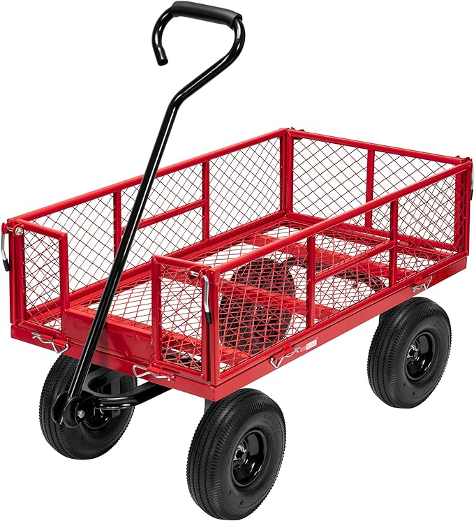VIVOHOME Heavy Duty 880 Lbs Capacity Mesh Steel Garden Cart Folding Utility Wagon with Removable Sides and 4.10/3.50-4" Wheels 10 inch Tire(Red)