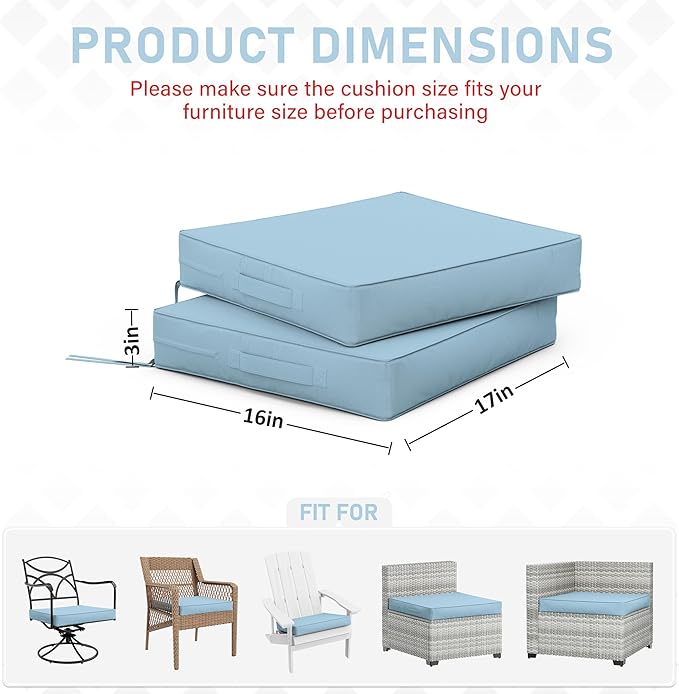 Patio Chair Cushions 17 X 16 X 3 Inch Waterproof Outdoor Seat Cushions for Patio Furniture, Outdoor Sofa Couch Pads with Ties & Handle, Set of 2, Light Blue