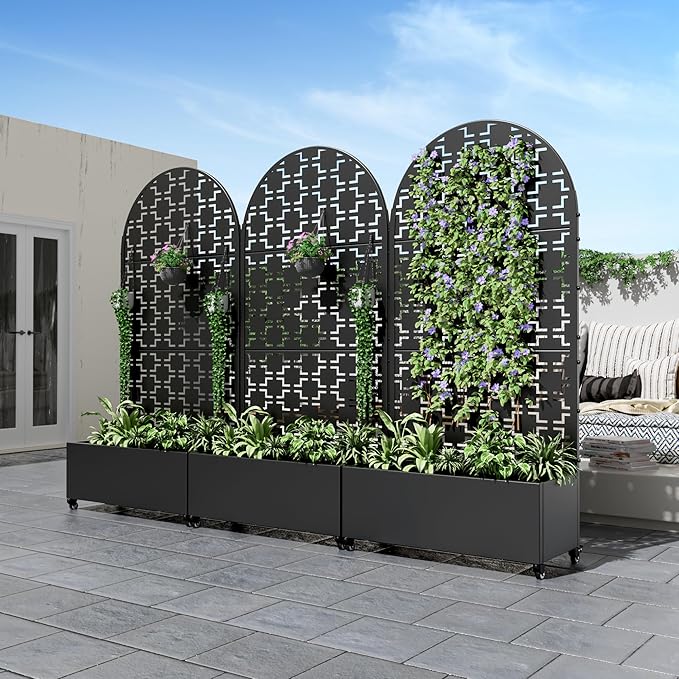 Casaphoria Metal Raised Garden Bed with Trellis and Wheels, 72"x35"x16" Arched Planter Box for Climbing Plants, Vegetables & Vines, Features Drainage Holes and Privacy Screen (Black-Brick)