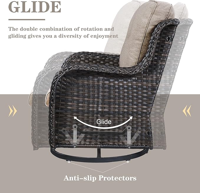 Outdoor Wicker Furniture Patio Set - 7 Piece Backyard Furniture Brown Rattan Conversation Sets with Swivel Rocker Chairs, Rattan Sofa, Club Chairs and Coffee Table, Grey Cushion