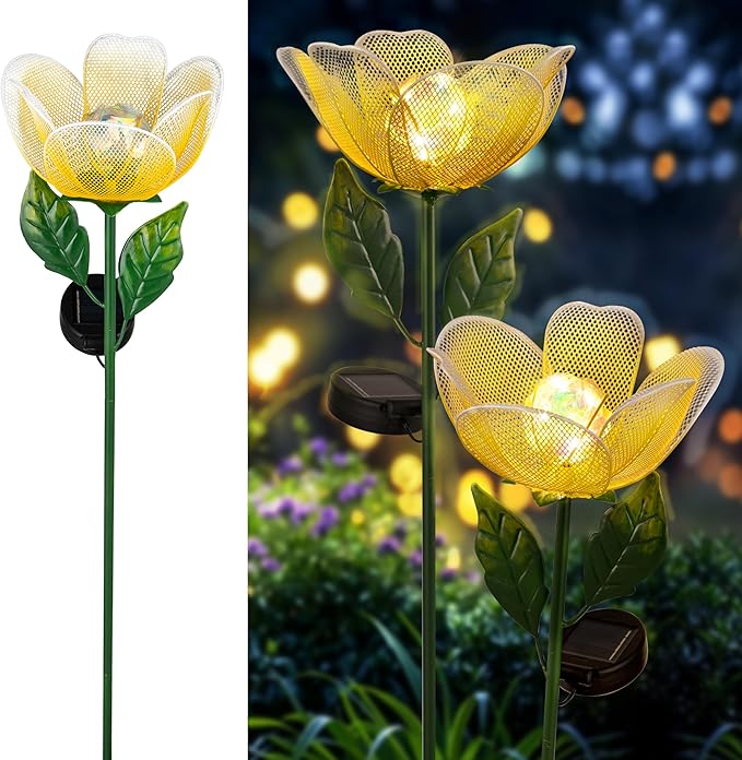 Solar Lights Outdoor Garden, 2 Pack Solar Powered Metal Flowers LED Breathing Light Waterproof,Solar Flowers for Outside Patio Lamp,Garden Gifts for Women,Landscape Lighting,Yard Pathway Decor