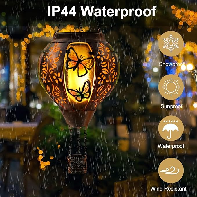 Hot Air Balloon Solar Lantern Outdoor - Flame Hanging Solar Light Waterproof Lanterns for Patio Garden Yard Farmhouse Decor, Great Gift(Butterfly)