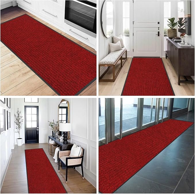fani Heavy Duty Large Outdoor Indoor Entrance Black Doormat Waterproof Low Profile Entrance Rug Front Door Mat Patio Anti-Skid Rubber Back, 23x72 inch (Red)
