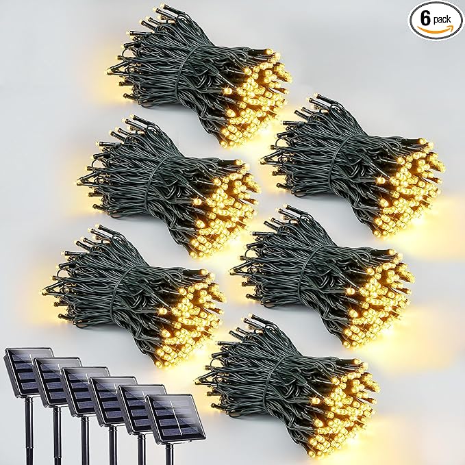 6 Pack 600 LED Solar String Lights for Outside, Solar Christmas Lights Outdoor Waterproof, Green Wire Twinkle Light with 8 Lighting Modes for Xmas Tree Wedding Party Garden Decorations (Warm White)