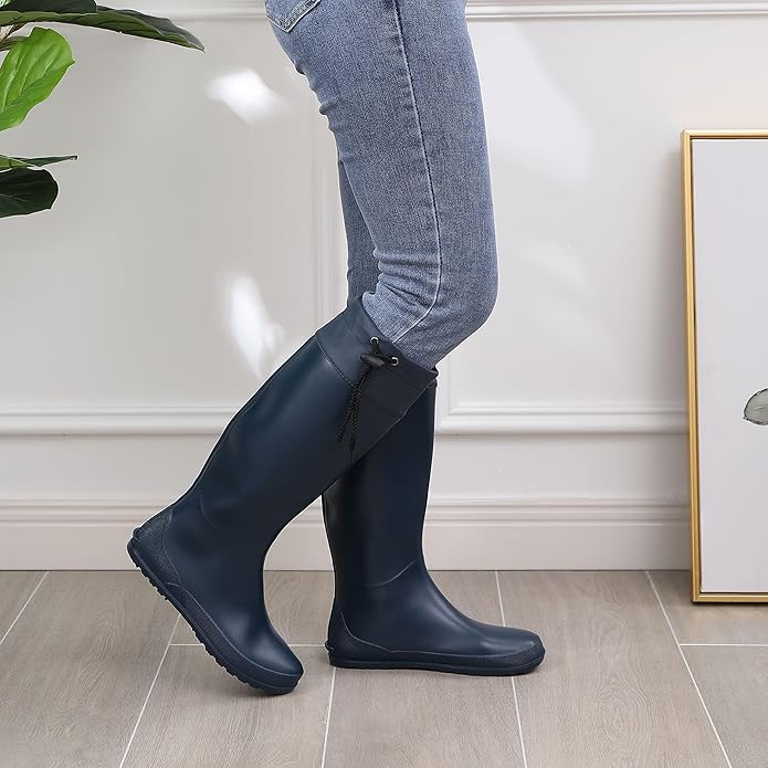 Asgard Packable Tall Rain Boots for Women Waterproof Rubber Garden Boots Ultra Lightweight Flat Mud Boots- NOT FOR WIDE CALF