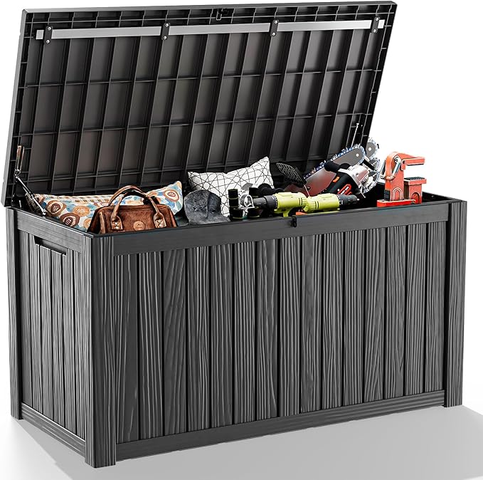 150 Gallon Outdoor Deck Box,Storage Lockable Waterproof Patio Furniture,Garden Tools,Cushions,Pool Accessories Outside Storage Resin Box(Black)
