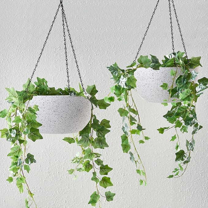 WOUSIWER 13 inch 2Pack Large Hanging Planters for Outdoor Indoor Plants with Drainage Holes and Chain, Round Hanging Flower Pots for Garden Home Porch Decor, White Speckles