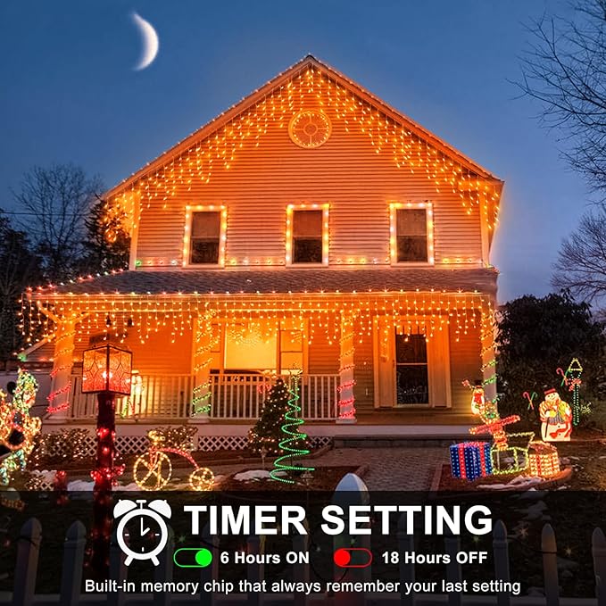 Icicle Lights for Outside, 33FT 400 LED Christmas Lights with 8 Modes Waterproof, Plug in Connectable Curtain Hanging Lights for Outdoor Indoor House Roof Party Wedding, Orange