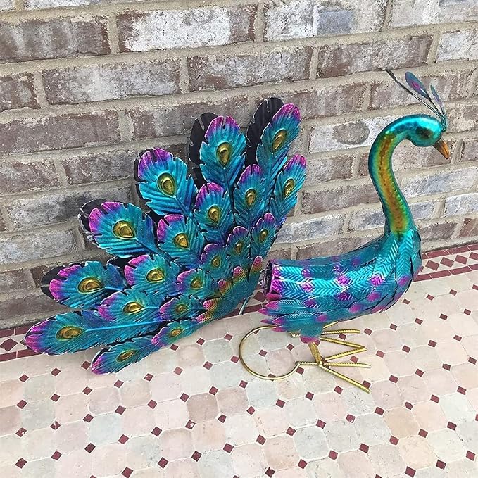 Beautiful Peacock Statue Ornament,2025 New Metal Peacock Outdoor Statue Peacock Statue Garden Decor, Realistic Metal Peacock Lawn Decoration Outdoor Sculpture Easy DIY Assembly Peacock