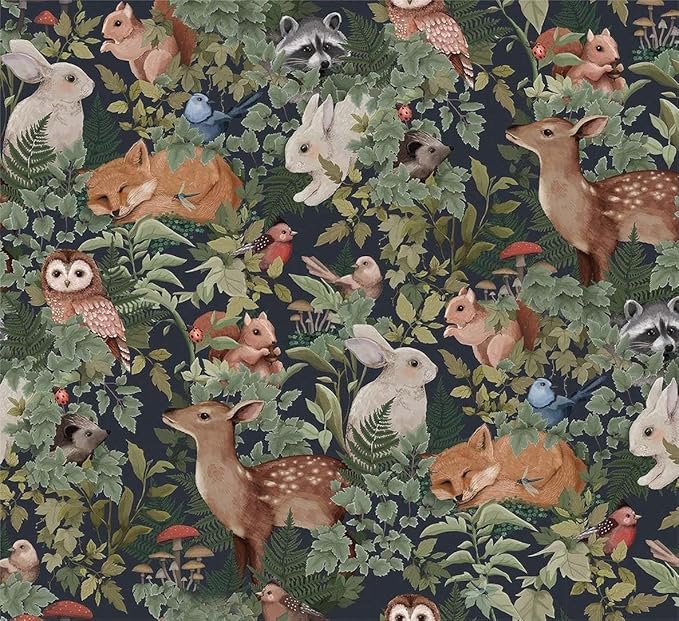 Animal Leaf Forest Deer Rabbits Squirrel Owl Green Plants Peel and Stick Wallpaper Self Adhesive Removable Easy Peel Off Contact Paper Stick on Wall Paper for Bedroom&Renter