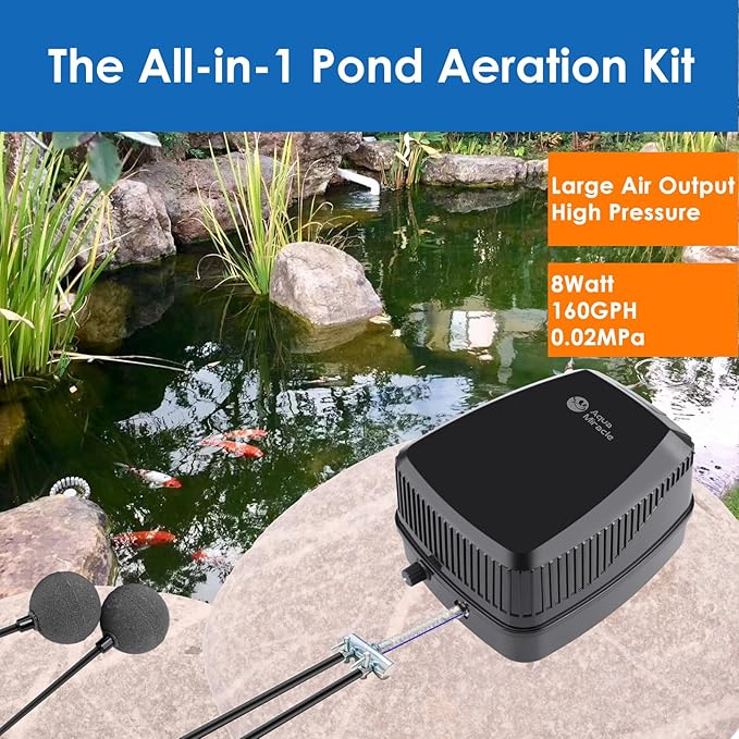AquaMiracle Pond Aeration Kit Pond Air Pump Koi Pond Aerator for Pond up to 1500 Gallons Pond Deicer All-in-One Pond Aeration System with 2-Outlet Airline Tubing Air Stones Check Valves