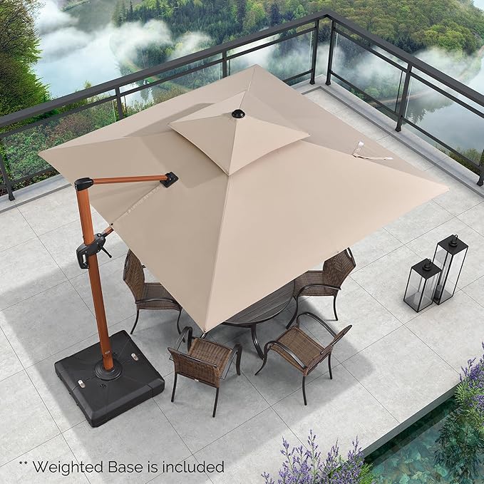 PURPLE LEAF Patio Umbrella with Base Outdoor Square Umbrella Large Cantilever Umbrella Windproof Offset Umbrella Heavy Duty Sun Umbrella for Garden Deck Pool Patio, 9ft Beige