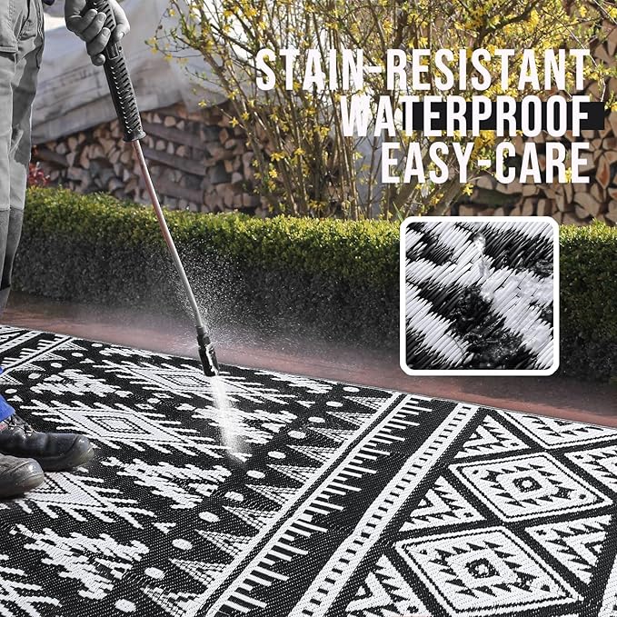 OLANLY Outdoor Rug Waterproof 10x14 ft, Reversible Outdoor Plastic Straw Rug, Boho Patio Rug, Indoor Outdoor Carpet, RV Mat Outside for Patio, Camp, Picnic, Balcony, Deck, Backyard, Black & White