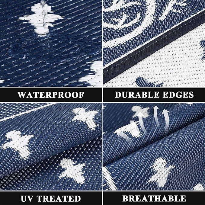 Pauwer Waterproof Outdoor Rug 8x10, Reversible Plastic Straw Patio Camping Rug, Indoor Outdoor RV Mat Carpet for Deck, Camper, Porch, Balcony, Backyard, Picnic, Bordered Navy