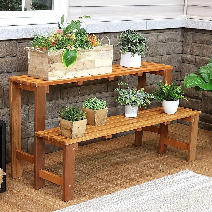 Sunnydaze 2-Tier Meranti Outdoor Wood Plant Stand - Indoor Plant Bench with Teak Oil Finish - 24-Inch