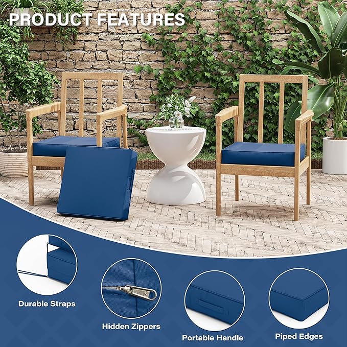Patio Chair Cushions 17 X 16 X 3 Inch Waterproof Outdoor Seat Cushions for Patio Furniture, Outdoor Sofa Couch Pads with Ties & Handle, Set of 2, Blue