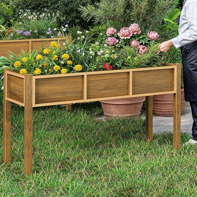 YITAHOME Raised Garden Bed, 47x18x31 Inch HIPS Poly-Wood Weather-Resistant Elevated Planter Box with Legs for Vegetable Flower, Brown