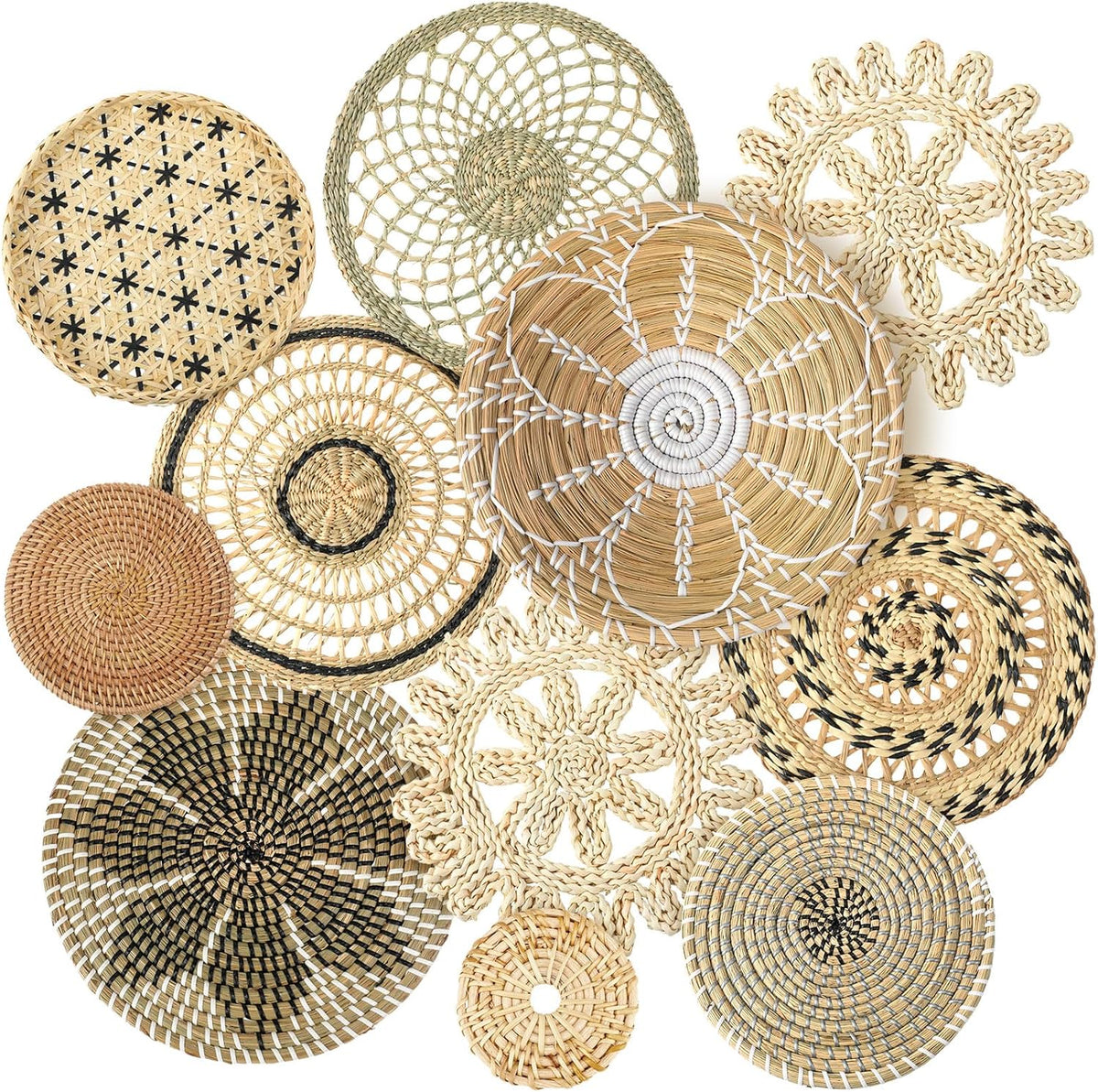 Tatuo 11 Pcs Boho Wall Basket Decor Decorative Bulrush Woven Basket Wall Decor Art Round Farmhouse Hanging Baskets for Kitchen Rustic Home Summer Decorations, Multi Sizes(Vivid)