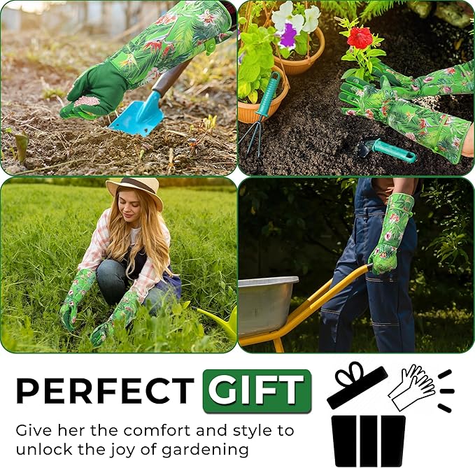 HANDLANDY Women Gardening Gloves, Thorn Proof Breathable Ladies Rose Pruning Long Gauntlet Floral Print Garden Yard Gloves, Gift for Gardeners (Green, S)