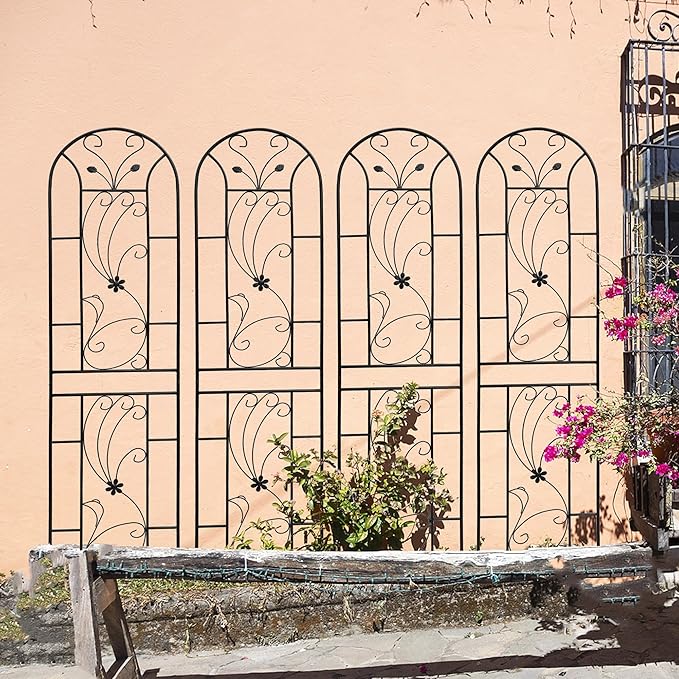 Metal Garden Trellis Rustproof Trellis for Climbing Plants Outdoor Flower Support Peacock Style (Black-4 Pack, 86.7"x19.7")