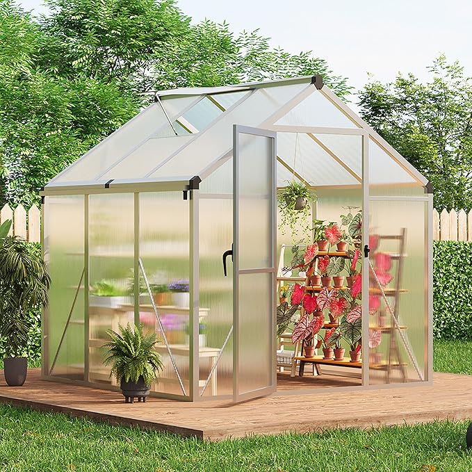 6 x 6 FT Greenhouse, Greenhouses for Outside, Polycarbonate Greenhouse with Aluminum Frame, Lockable Door and Ajustable Roof Vent for Backyard, Green Houses for Outside Garden Backyard, Patio