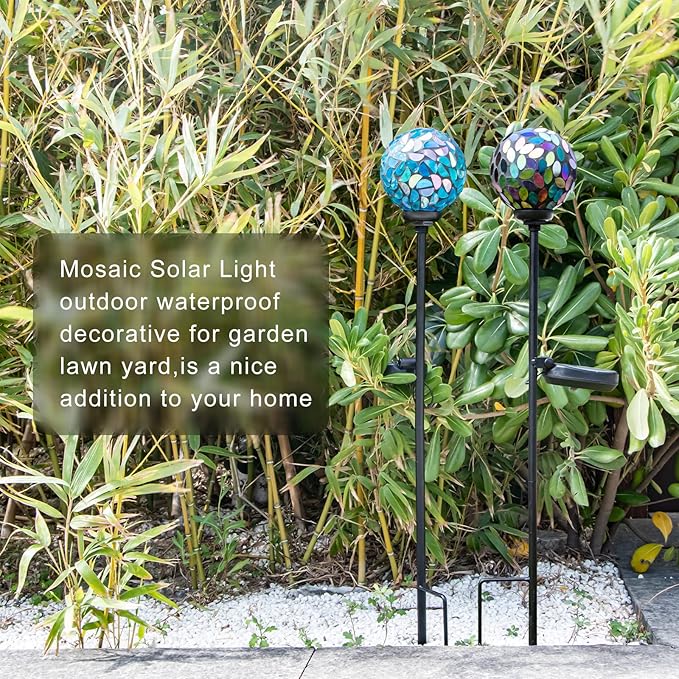 VCUTEKA Solar Garden Decorative Lights Outdoor, Mosaic Solar Light Waterproof LED Pathway Stake Light for Landscape Patio Yard Deck Walkway Decoration, 2 Pack （Blue&Purple）