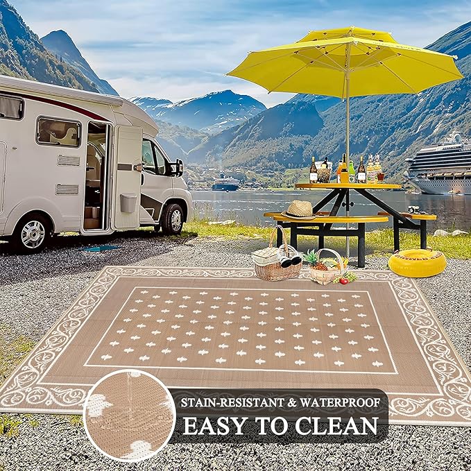 Pauwer Waterproof Outdoor Rug 6x9, Reversible Plastic Straw Patio Camping Rug, Indoor Outdoor RV Mat Carpet for Deck, Camper, Porch, Balcony, Backyard, Picnic, Bordered Beige