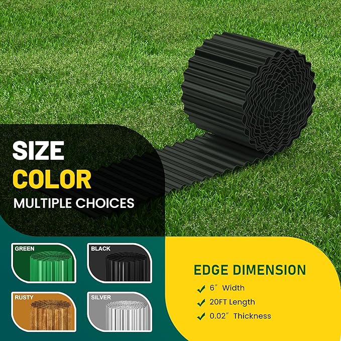 Corrugated Metal Garden Edging, 6"×20Ft Durable Landscape Border for Garden, Lawn, Flower Beds and Paver Edging (Black)