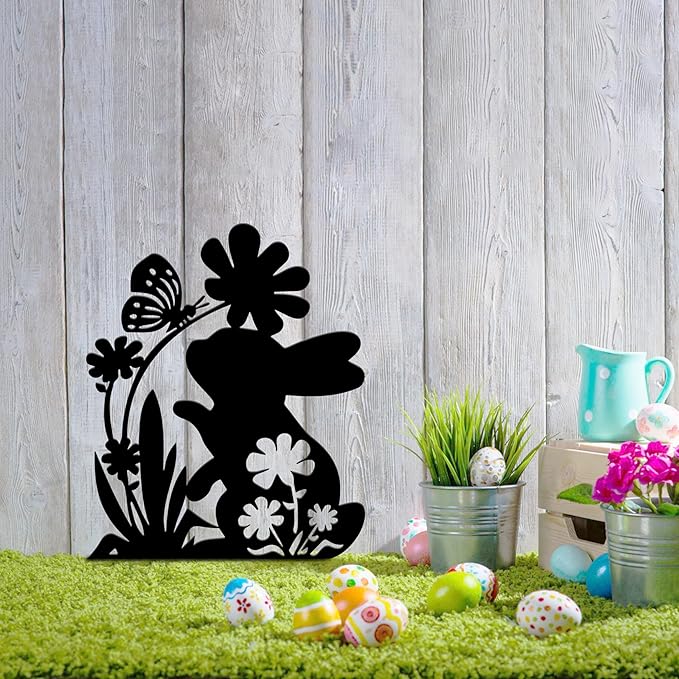Ecqizer Bunny Garden Statues Metal Rabbit Yard Art Outdoor Clearance Black Rabbit Decor Silhouett Animals Stake Garden Decorations Outdoor Garden Statue for Lawn and Yard Decor Ornaments