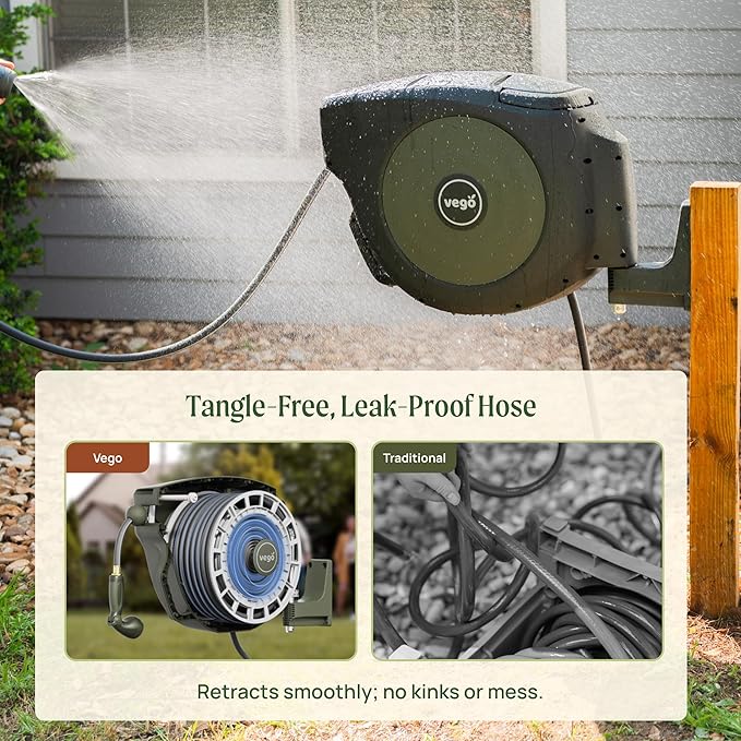 Vego Garden Hose Reel Retractable Hi-Flow x 100ft Wall Mounted Hose Reel Automatic Rewind, Any Length Lock with 9 Patterns Sprayer Nozzle, Quick Connector and Adjustable shot Nozzle-Tidepool Blue