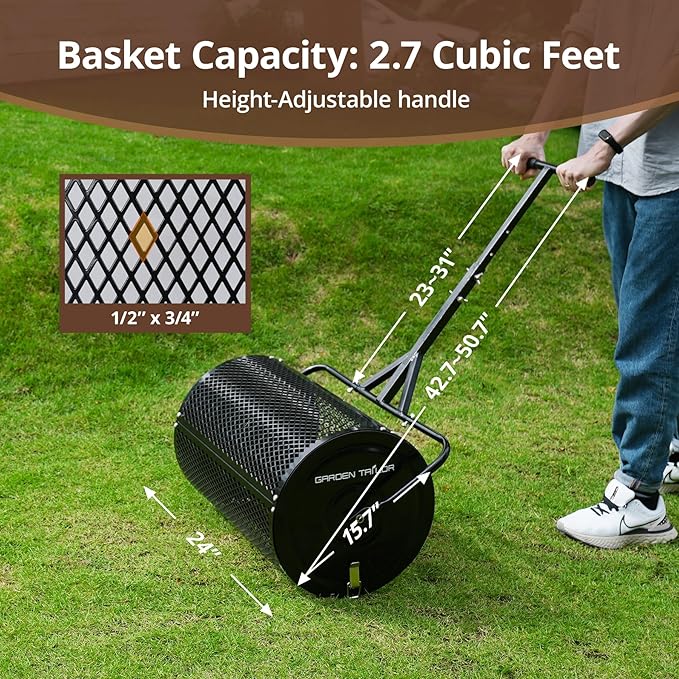 Compost Spreader 24 Inch Peat Moss Spreader with Installation Support Accessories, Metal Mesh Roller Lawn Spreader for Top Soil, Manure, Mulch, Top Dressing - Garden spreaders for lawns