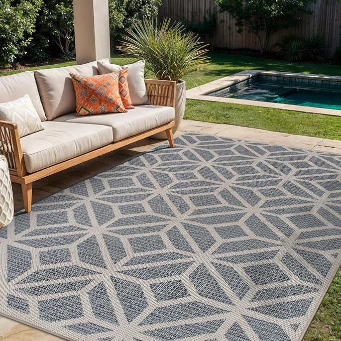 Rugshop Contemporary Geometric Design for Patio Rugs,Deck Rugs,Balcony Rugs Indoor/Outdoor Area Rug 5' x 7' Blue