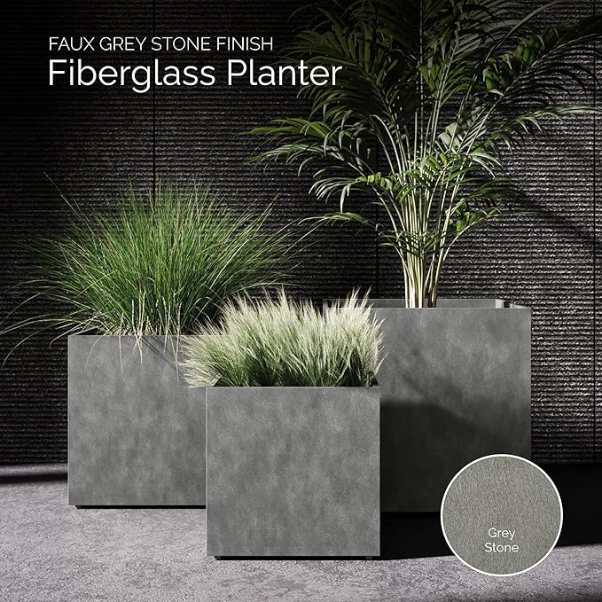 Reglito Cube Planter – Fiberglass Indoor/Outdoor and Weather-Resistant Large Planter (Grey Stone, 19.7" L x 19.7" W x 20.3" H)