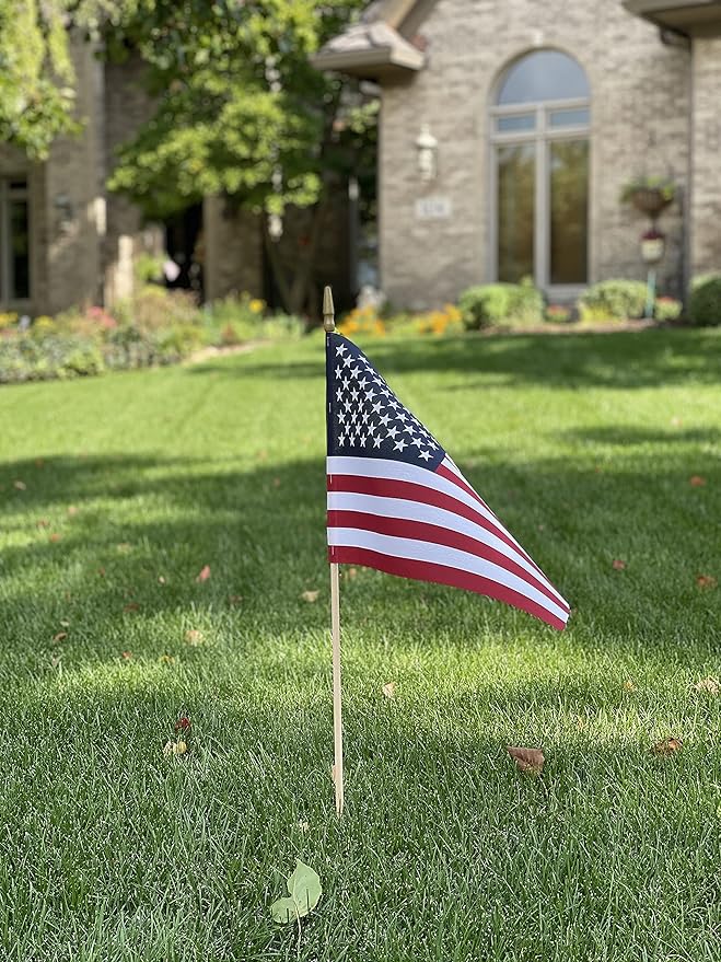 American Flags on Stick - Handheld Spearhead US Flag for 4th of July, Memorial Day Event Decorations - Patriotic Decor for Indoors & Yard - Wooden Stick, Cotton Fabric - (8"X12"-144 Pack)