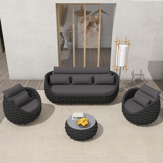TWT Aluminum Patio Furniture Set Three Seater Sofa Outdoor Furniture Set w/Coffee Table,Patio Conversation Set with Hand Woven Polyester Rope for Bedroom Backyard Poolside, Dark Grey