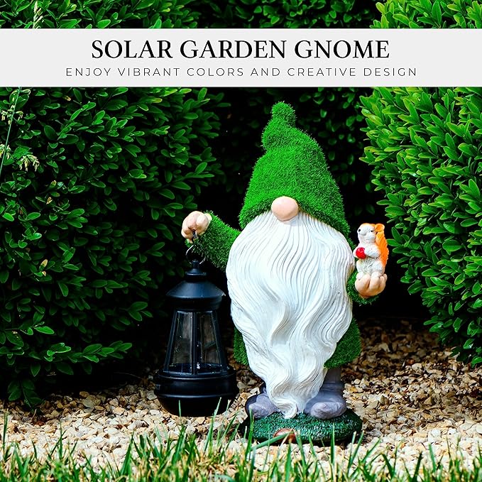 Garden Gnome with Squirrel 11.8, Gnomes with Solar Lantern, Garden Statues Outdoor Clearance, Garden Gnomes Outdoor Funny for Patio Decor, Fall Gnomes