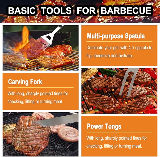Grilljoy 24PCS BBQ Grill Tools Set with Meat Thermometer and Injector - Extra Thick Stainless Steel Fork, Spatula& Tongs - Complete BBQ Accessories in Aluminum Case - Perfect Grill Gifts for Men