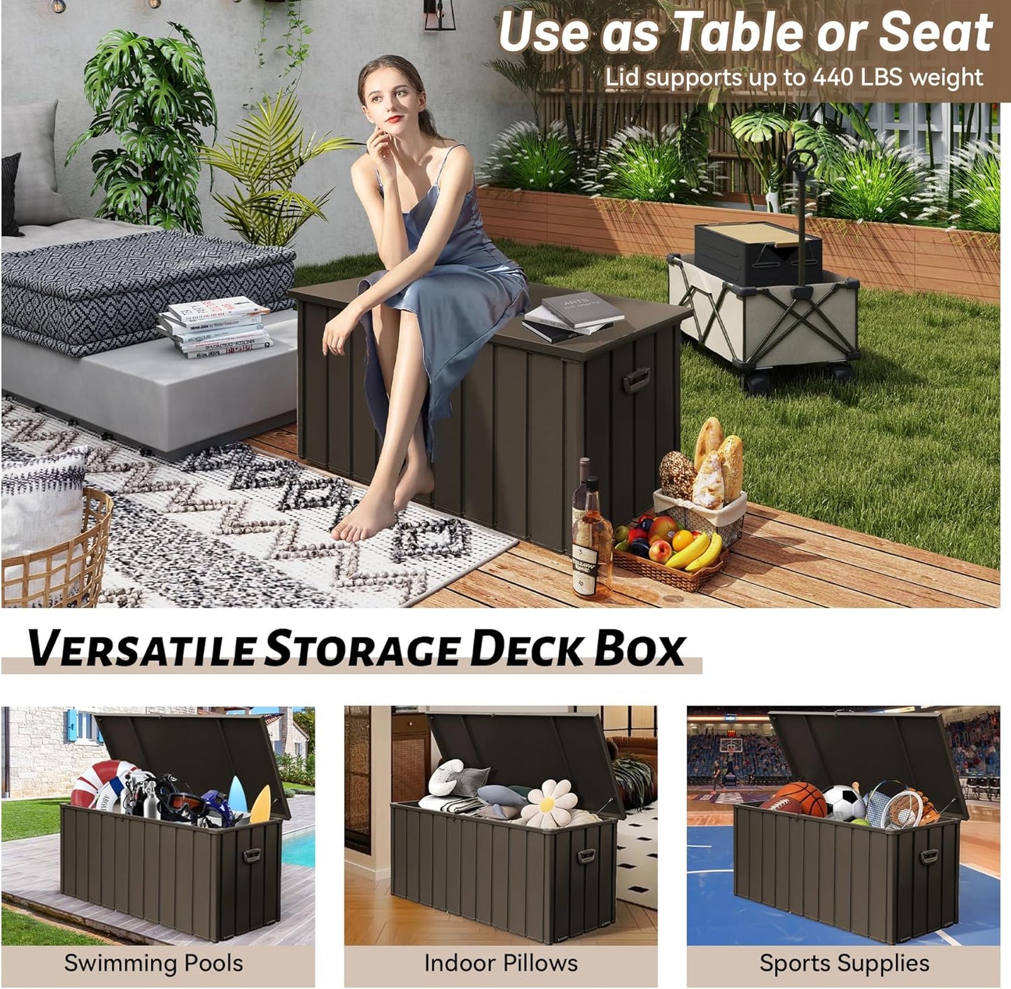 190 Gallon Metal Deck Box, Waterproof Steel Outdoor Box, Large Patio Furniture Storage Cabinet, Lockable Storage Bench for Porch Package Delivery, Pillows, Cushions, Pool, Tools, Backyard, Brown
