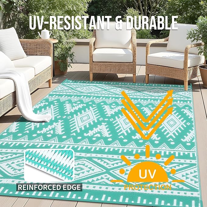 OLANLY Outdoor Rug Waterproof 10x14 ft, Reversible Outdoor Plastic Straw Rug, Boho Patio Rug, Indoor Outdoor Carpet, RV Mat Outside for Patio, Camp, Picnic, Balcony, Deck, Backyard, Turquoise & White