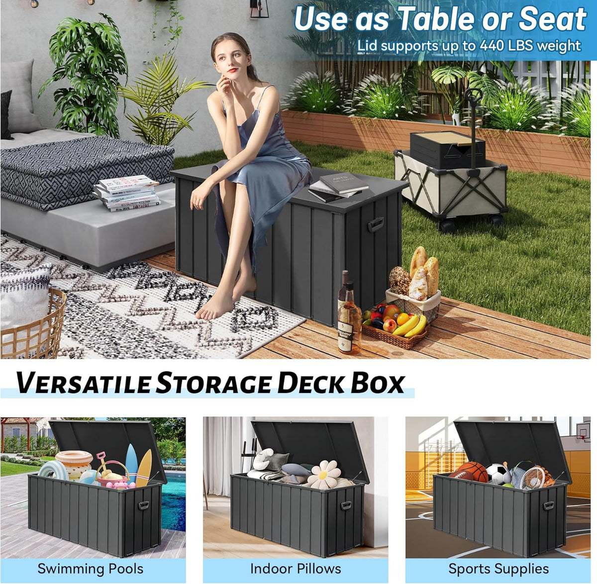 Outdoor Storage Box, 200 Gallon Metal Deck Box Built-in a Oxford Fabric Storage Bag, Lockable & Waterproof Outside Patio Storage Box for Cushions, Pillows, Tools, Pool Floats- Grey