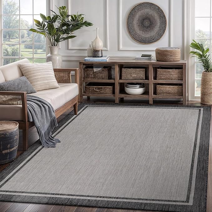 CAMILSON Indoor Outdoor Rug, 6x9 Bordered Gray Modern Area Rugs for Indoor and Outdoor Patios, Kitchen and Hallway Mats, Washable Porch Deck Outside Carpet (Bordered Grey, 6 x 9)