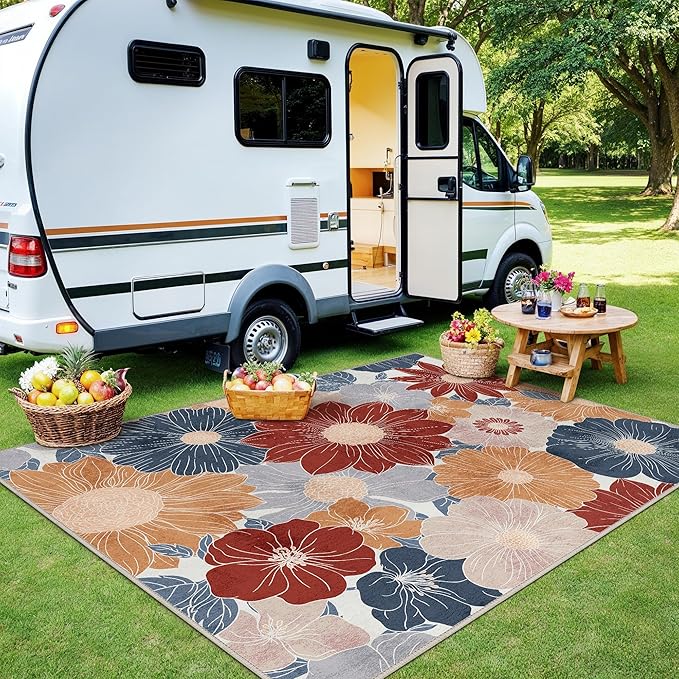 GENIMO Indoor Outdoor Area Rug 6' X 9' Waterproof, Washable Patio Rug Non Shedding, Easy Cleaning Floral Outdoor Carpet for Living Room, Bedroom, Dining Room, Balcony, Backyard, Deck, RV, Red Blue