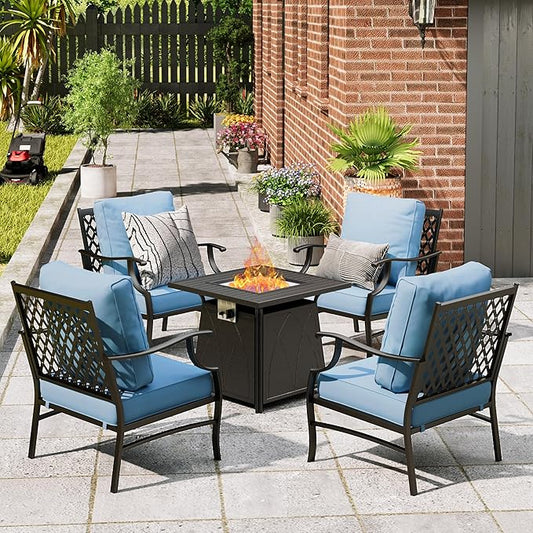 Patio Furniture Set with Fire Pit Table, 5 Pcs Metal Outdoor Conversation Set, 4 Single Chairs with 5.75" Extra Thick Cushion and 28" Fire Pit Table for Backyard Deck, Blue