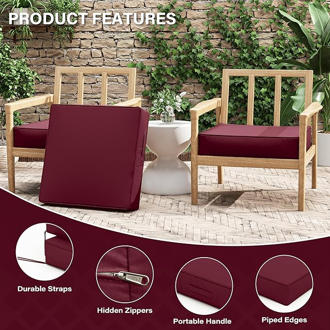 Patio Chair Cushions 24 X 24 X 5 Inch Waterproof Outdoor Seat Cushions for Patio Furniture, Outdoor Sofa Couch Pads with Ties & Handle, Set of 2, Burgundy