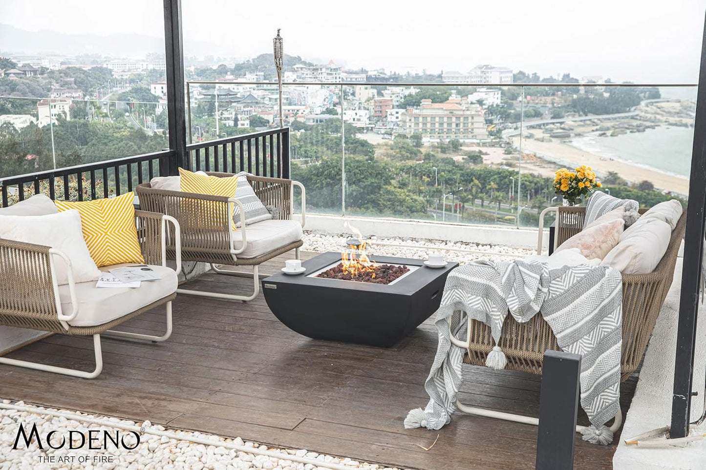 AMS Fireplace | Modeno | Aurora | Firepit Table | Cover and Lava Rocks Included | (Fuel: Liquid Propane - Black)